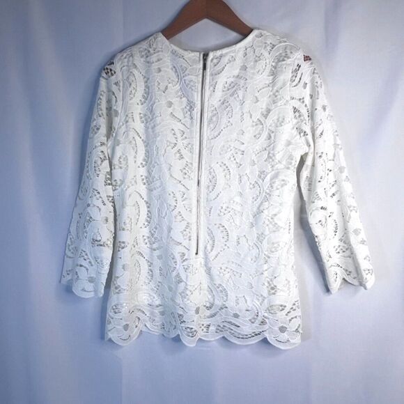 Nanette Lepore White Lace 3/4 Sleeve Back Zip Dressy Evening Blouse Size M/L - Picture 2 of 10